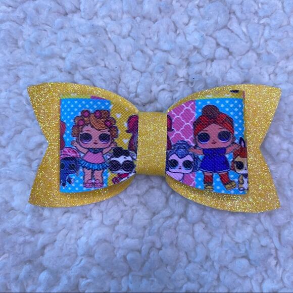 Doll Faux Leather Glitter Yellow Bow Medium - Picture 1 of 5